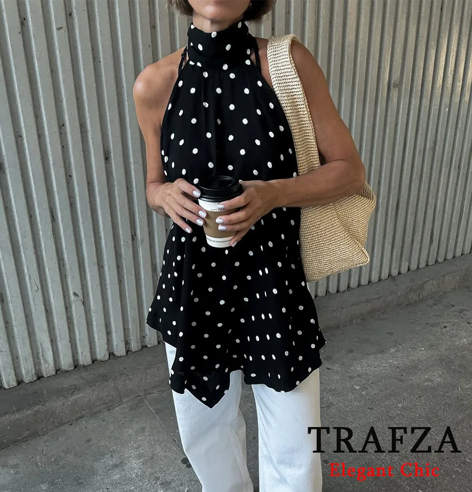 

TRAFZA Sexy Women Black White Dot Halter Tops Sleeveless Tops 2025 New Spring Summer Fashion Holiday Beach Party Mujer Tops