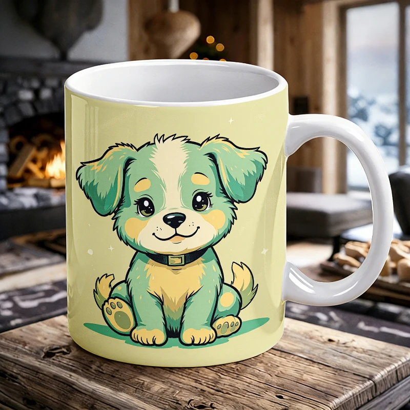 

Cute Green Puppy Mug Soft Fluffy Dog Lover Coffee Cup Pastel Green Yellow Ceramic Water Cup Unusual Novelty Mug for Dog Lovers