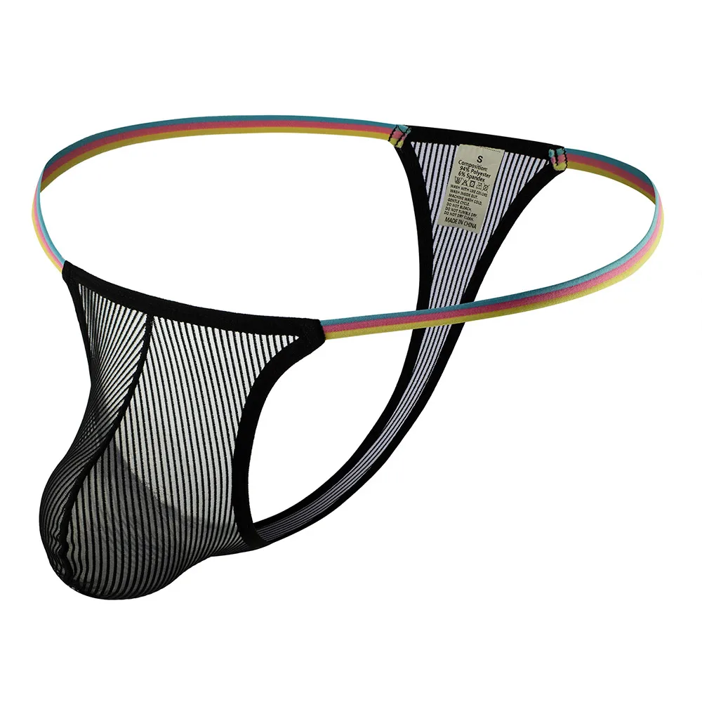 5 Pack Men Thong Striped Sheer Mesh Sexy Sport Underwear 5 Colors Optional Rainbow Waistband Stretch Lightweight Breathable