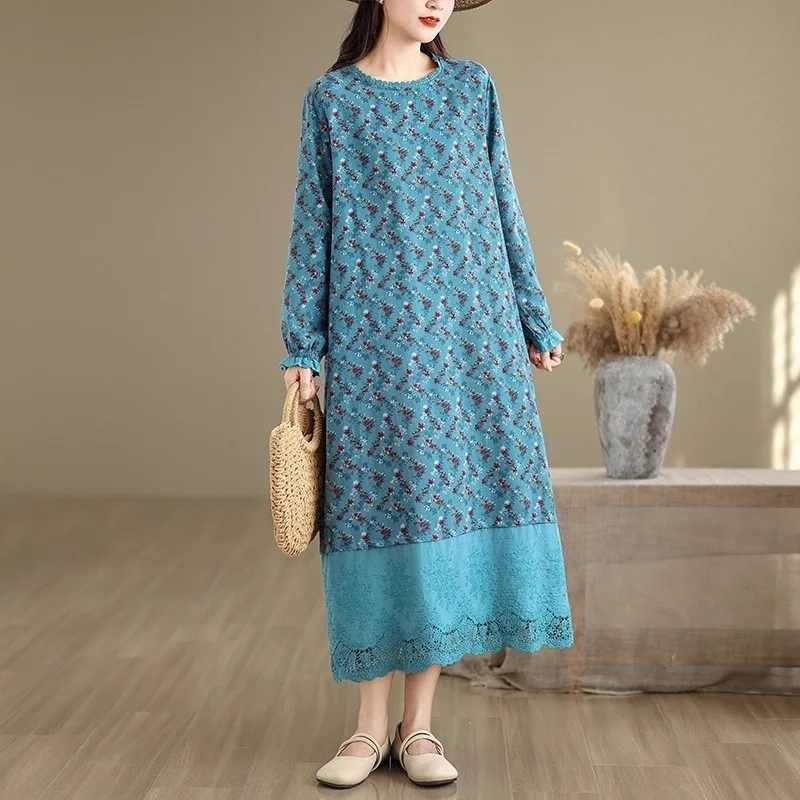 เดรสยาวพิมพ์ลายผ้าฝ้ายและป่านสไตล์เรโทรศิลปะใหม่ประจำฤดูใบไม้ร่วงปี 2025 สำหรับผู้หญิง ทรงหลวมทรงเอลายดอกไม้ รุ่น w700