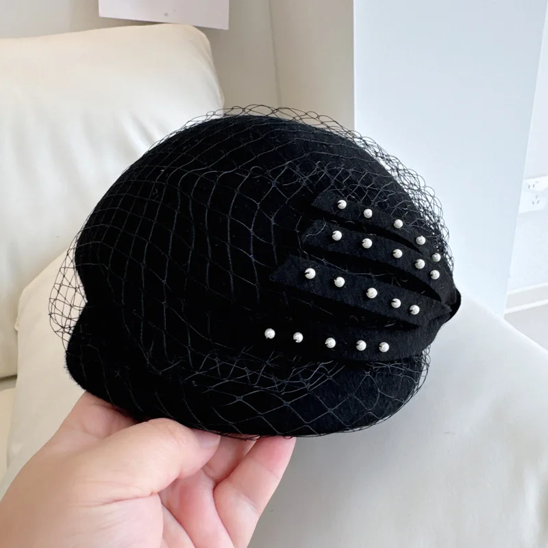 100% Wełna Małe Czapki Dla Luksusowych Kobiet Eleganckie Berety 2024 Zimowa Ceremonia Ślubna Czapka Kościół Kwiat Panie Filc Fedoras — zdjęcie 7