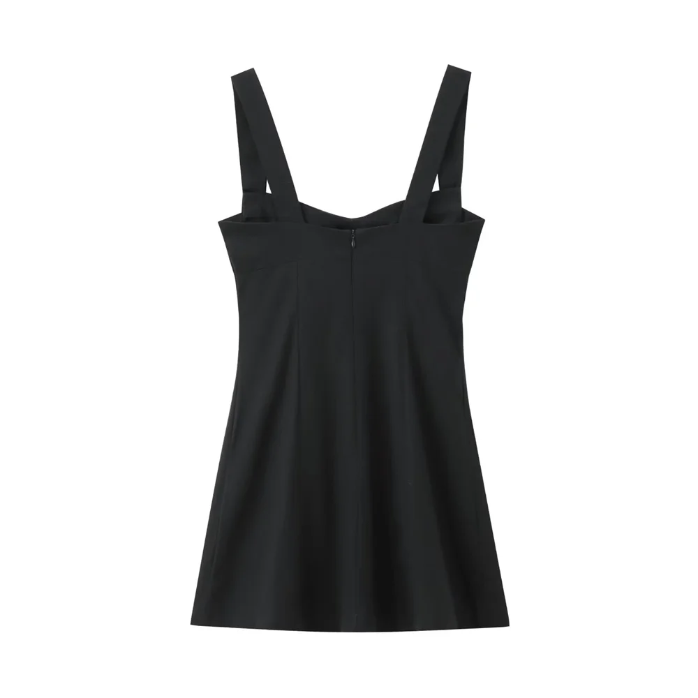 Sommer neuer Damen-Stil, schmale Passform, breiter Schultergurt, schwarze Leinenmischung, Temperamentkleid, schlankmachender kurzer Rock