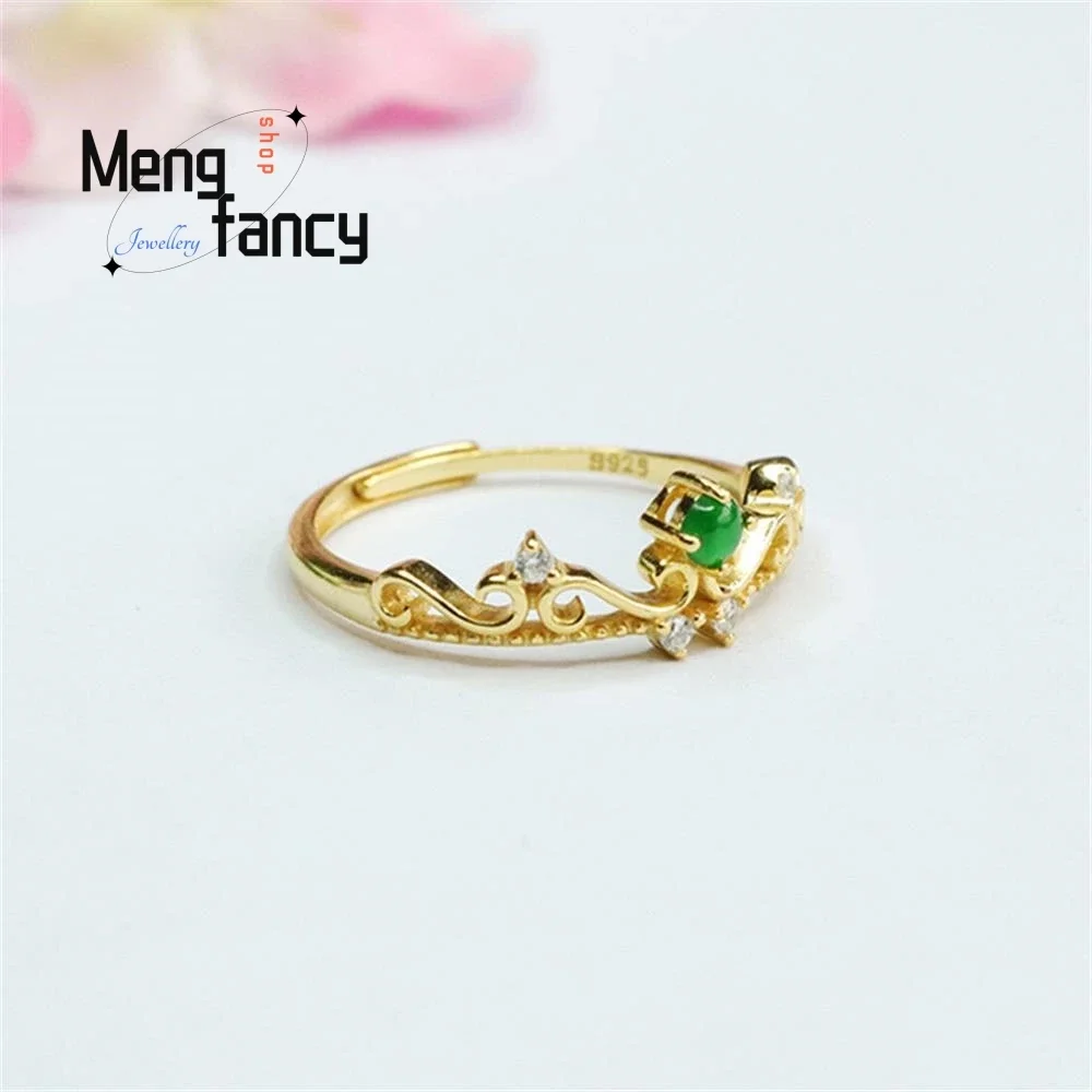 S925 Silver Inlaid Natural Jadeite Ice Type Imperial Green Laurel Ring Exquisite High-grade Sexy Young Girls Fashion Fine Jewelr