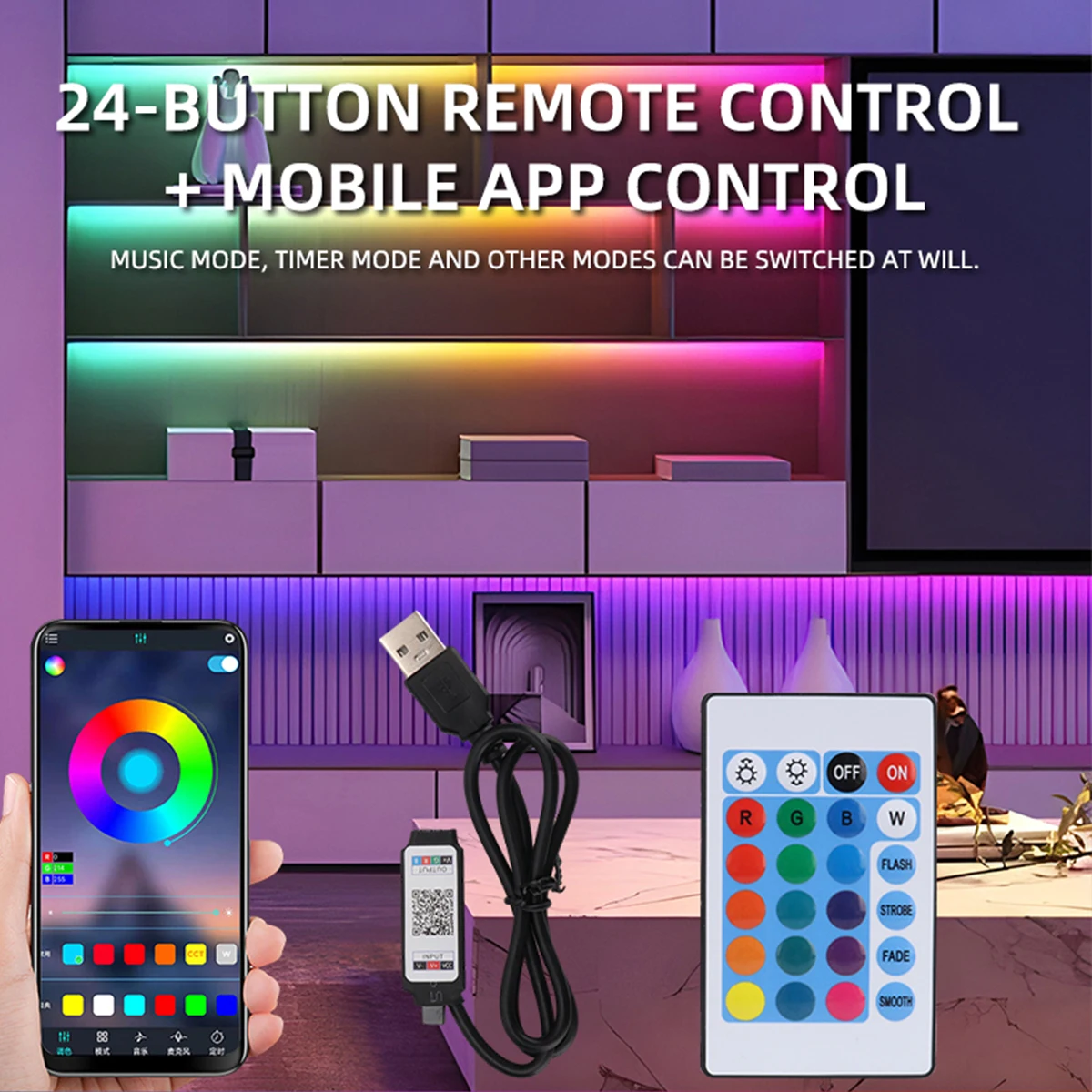 5M LED Strip Lights Smart APP Remote Control USB 5050 RGB Flexible Ribbon Strip Light Neon Strips Colorful Game Room Home Decor