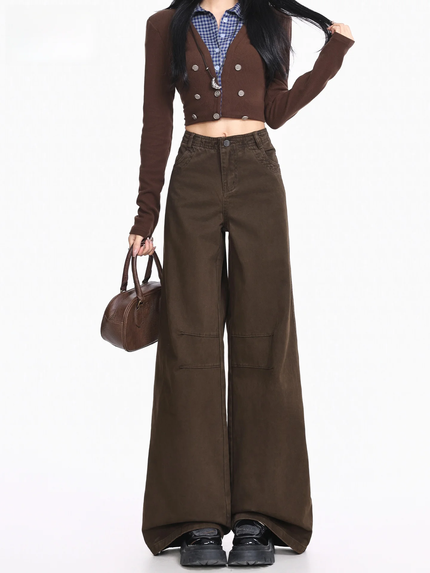 

Джинсы женские в американском стиле с высокой талией, широкими штанинами, темно-коричневые, в пол, свободного кроя, прямого силуэта, тренд весна-лето