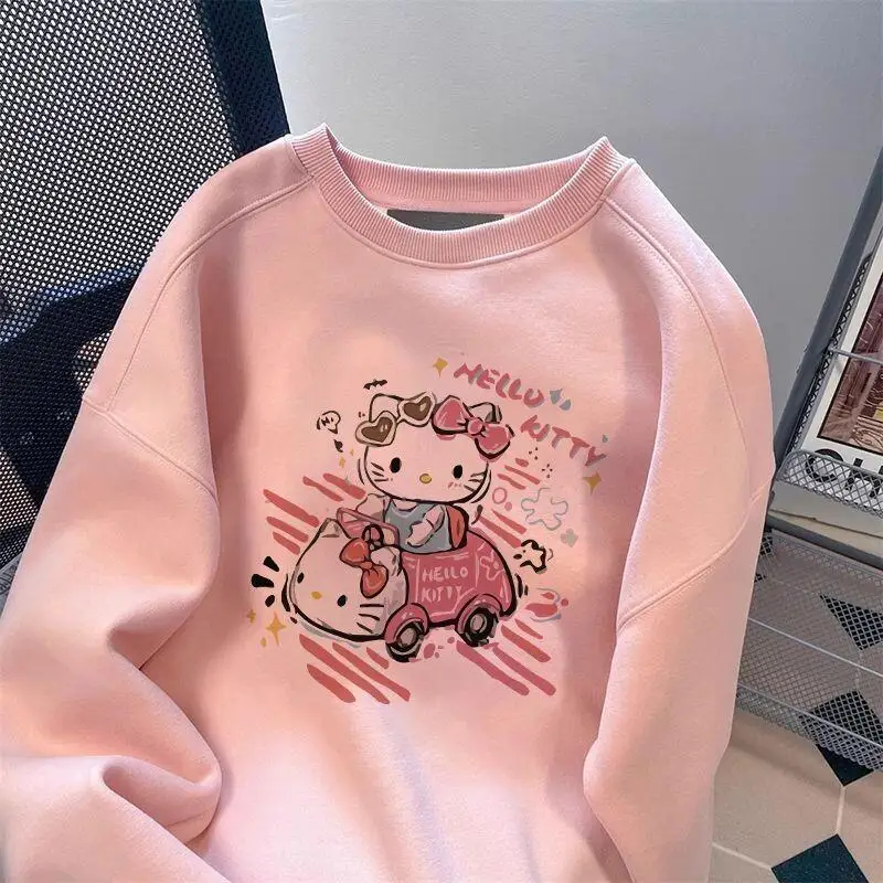 

Свитшот Sanrio Hello Kitty из смесового хлопка для женщин, весна-осень, в японском милом школьном стиле, свободный, молодежный, нишевый, с круглым вырезом