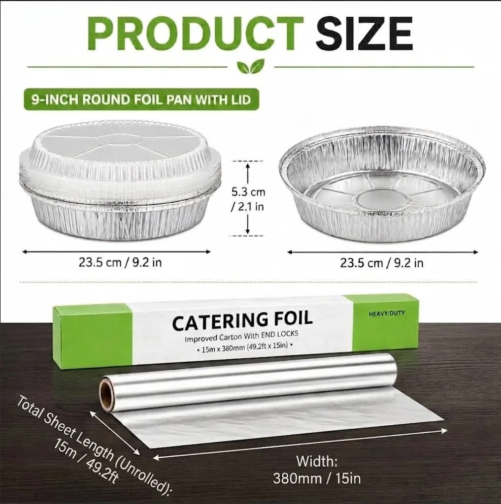 9-Inch Round Disposable Aluminum Foil Pans with Clear Lids (20 Pack) & Heavy Duty Aluminum Foil Roll (15 in X 49.2 ft / 15m X 380mm), Combo Bakeware Set for Baking, Roasting, Grilling, Meal Prep and Food Storage