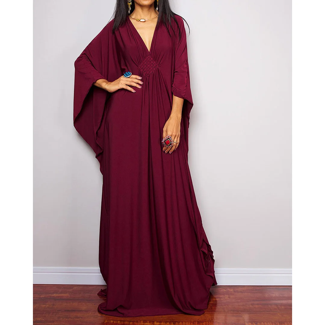 Langes Kleid im Stil einer griechischen Göttin, Tunika mit Fledermausärmeln, Strandkleid, Strandtuch, Strandmode, Kaftan, Maxikleid V4427 – Detail 18