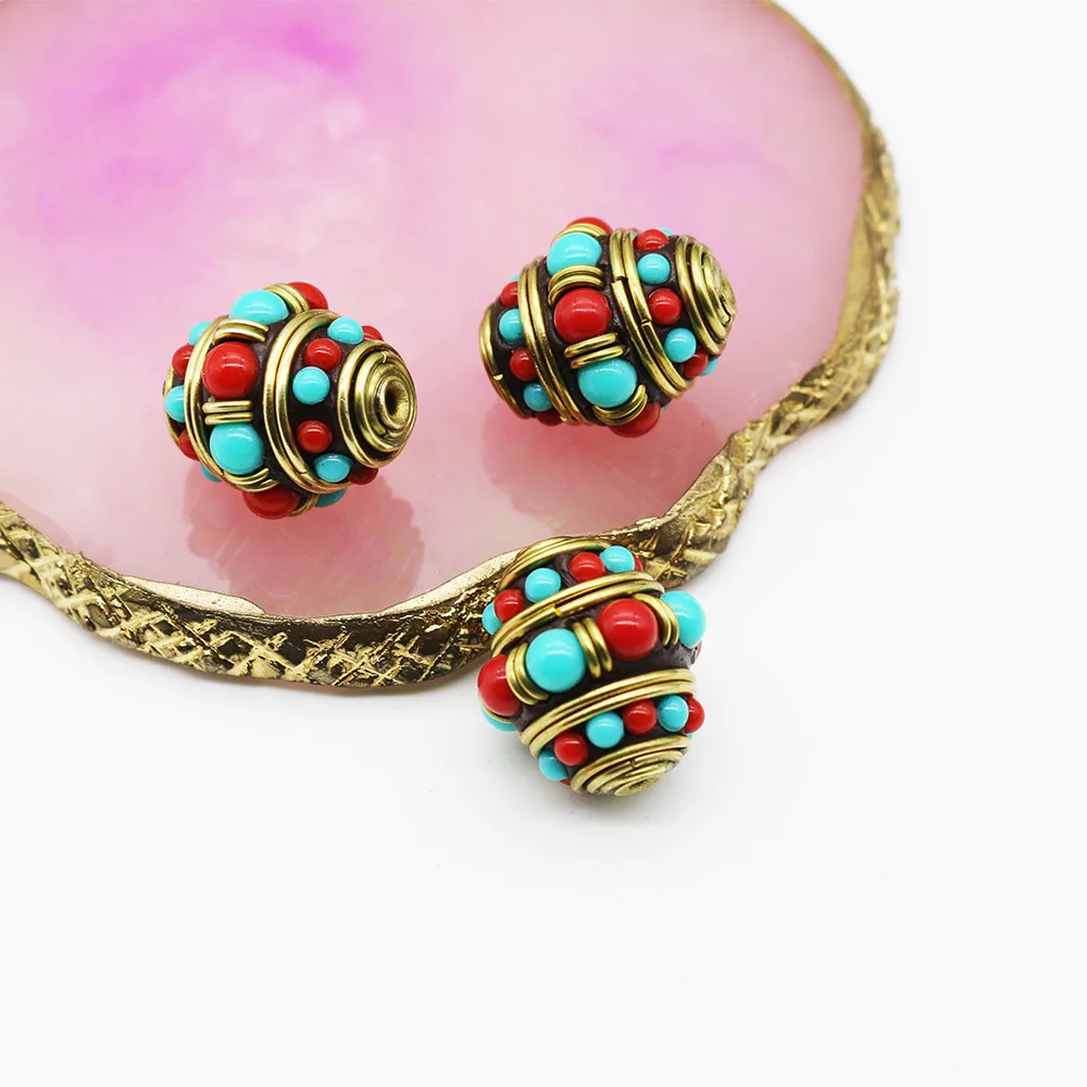 

2-Pack Vintage Ethnic Style Handmade Brass Beads Nepalese Tibetan Design DIY Jewelry Spacer Beads Embedded Simulated Turquoise