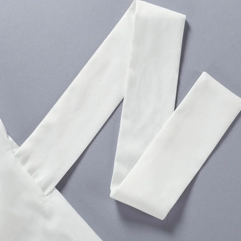 Cutout Shoulder White Blouse For Women Belted Waist Button Front Turn Down Collar Shirt Long Sleeve Streetwear Tops Elegant Fit