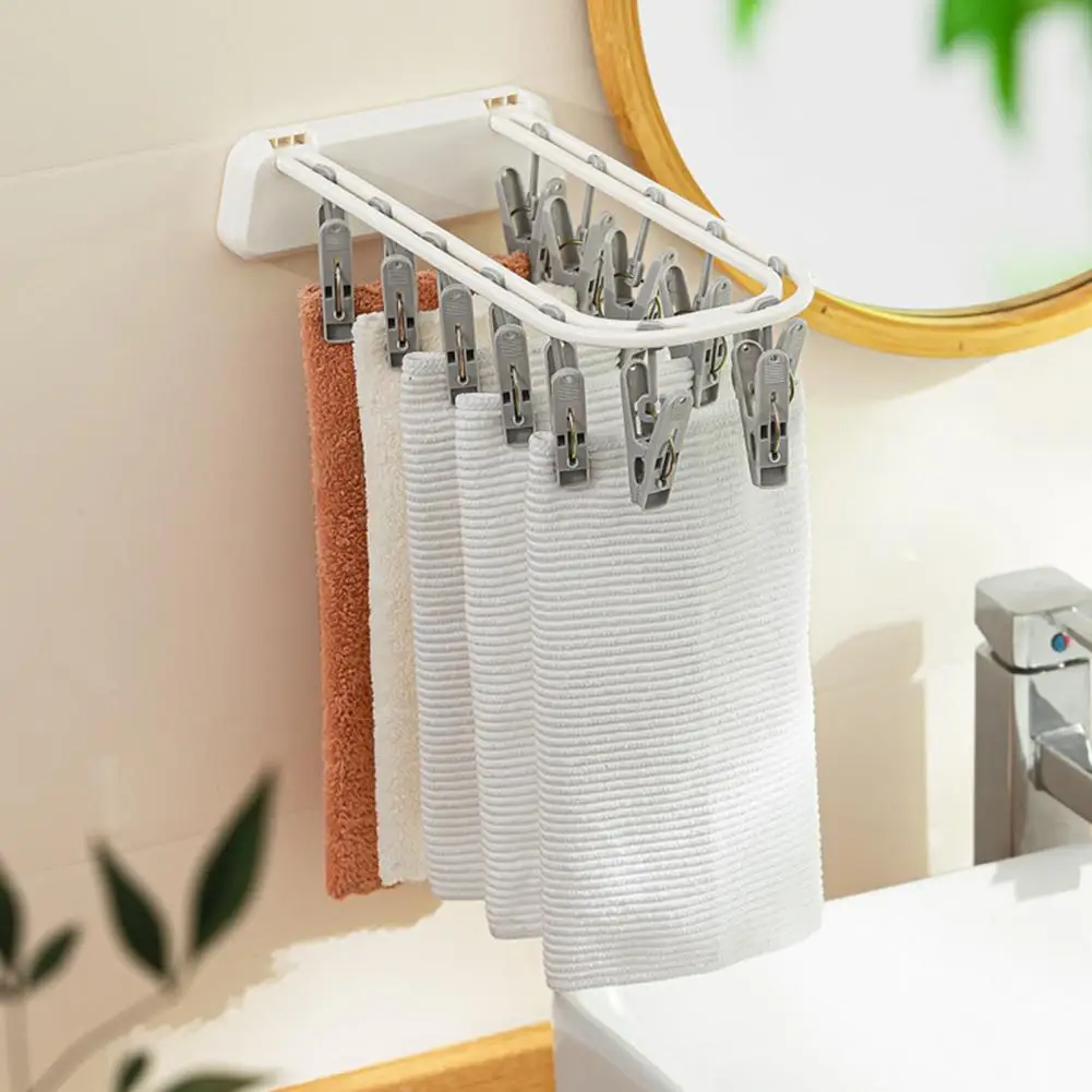 Socks Drying Rack Wall-Mounted Multiple Clips Strong Load Bearing Windproof Foldable Hanger Drying Clip Household Supplies