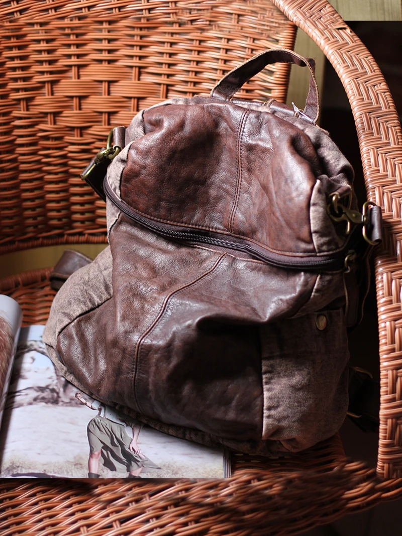 organizers designers handmade genuine leather denim women's backpacks vintage outdoor casual travel luxury female schoolbags