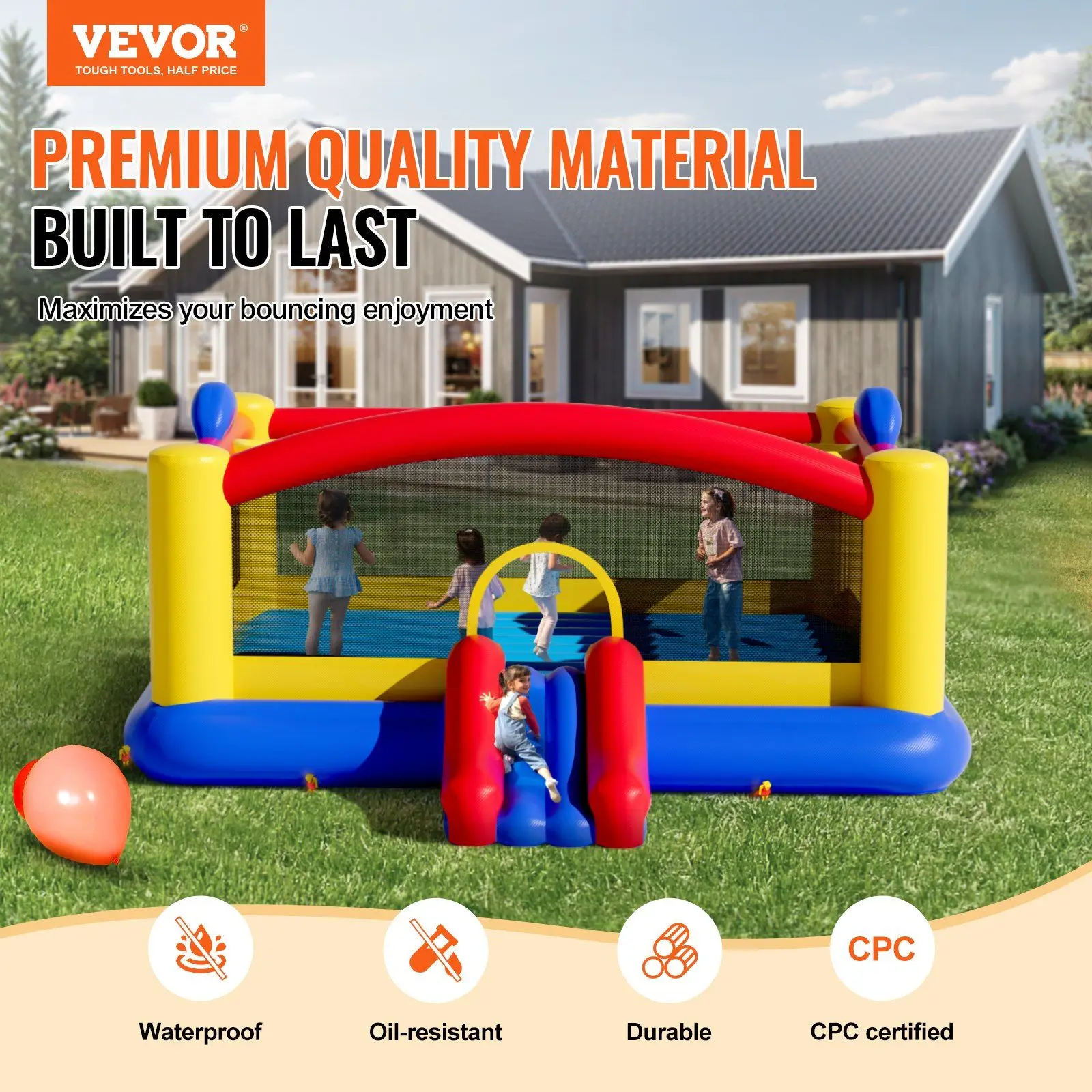 Inflatable Bounce House, Outdoor High Quality Playhouse Trampoline, Jumping Bouncer with Blower, Slide, and Storage Bag