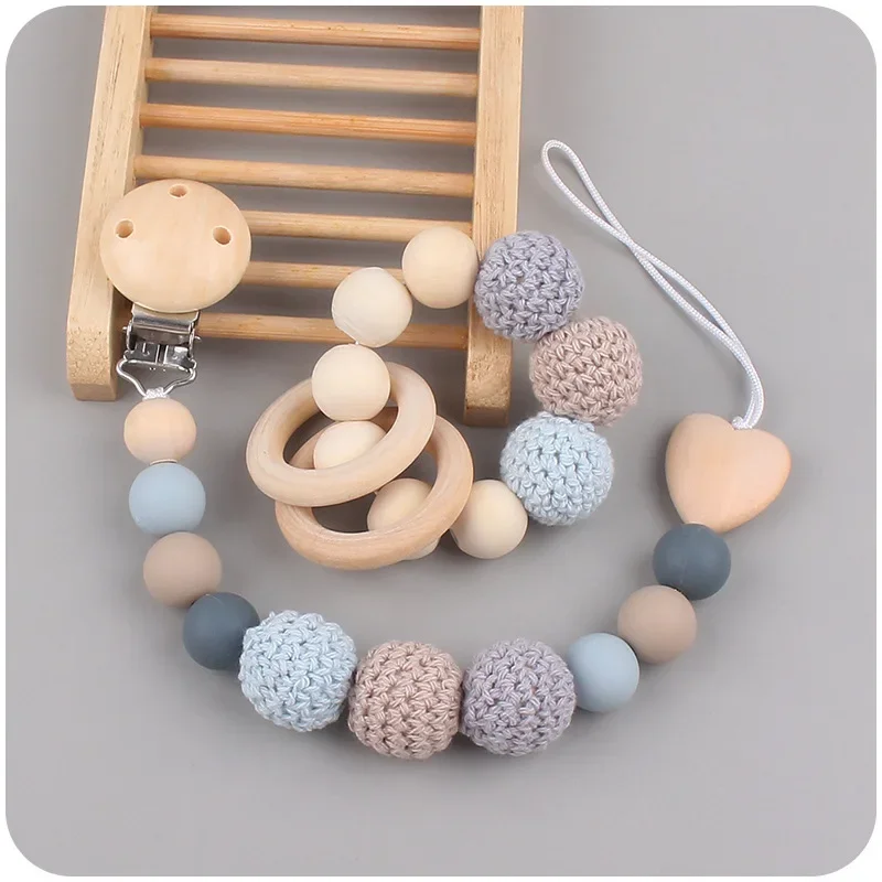 1-2 stücke Baby Schnuller Clip Holz Beiß ringe Armband Set Silikon Perlen Babys beruhigen Nippel Beiß spielzeug Anti-Lost Chain Neugeborene