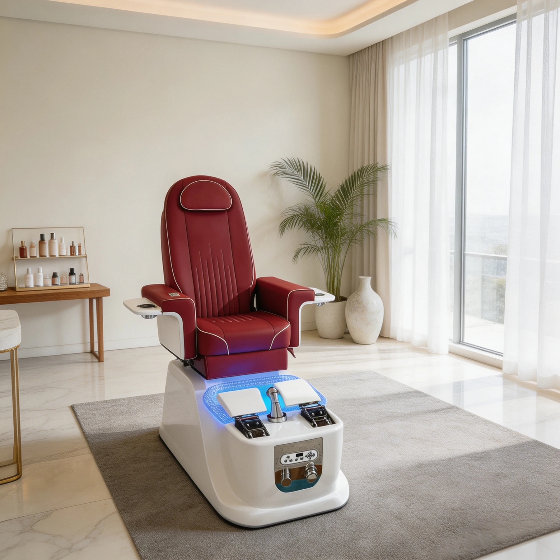 Burgundy Pedicure Chair Spa Massage Chair with LED Light Foot Basin Adjustable Backrest for Salon Nail Studio