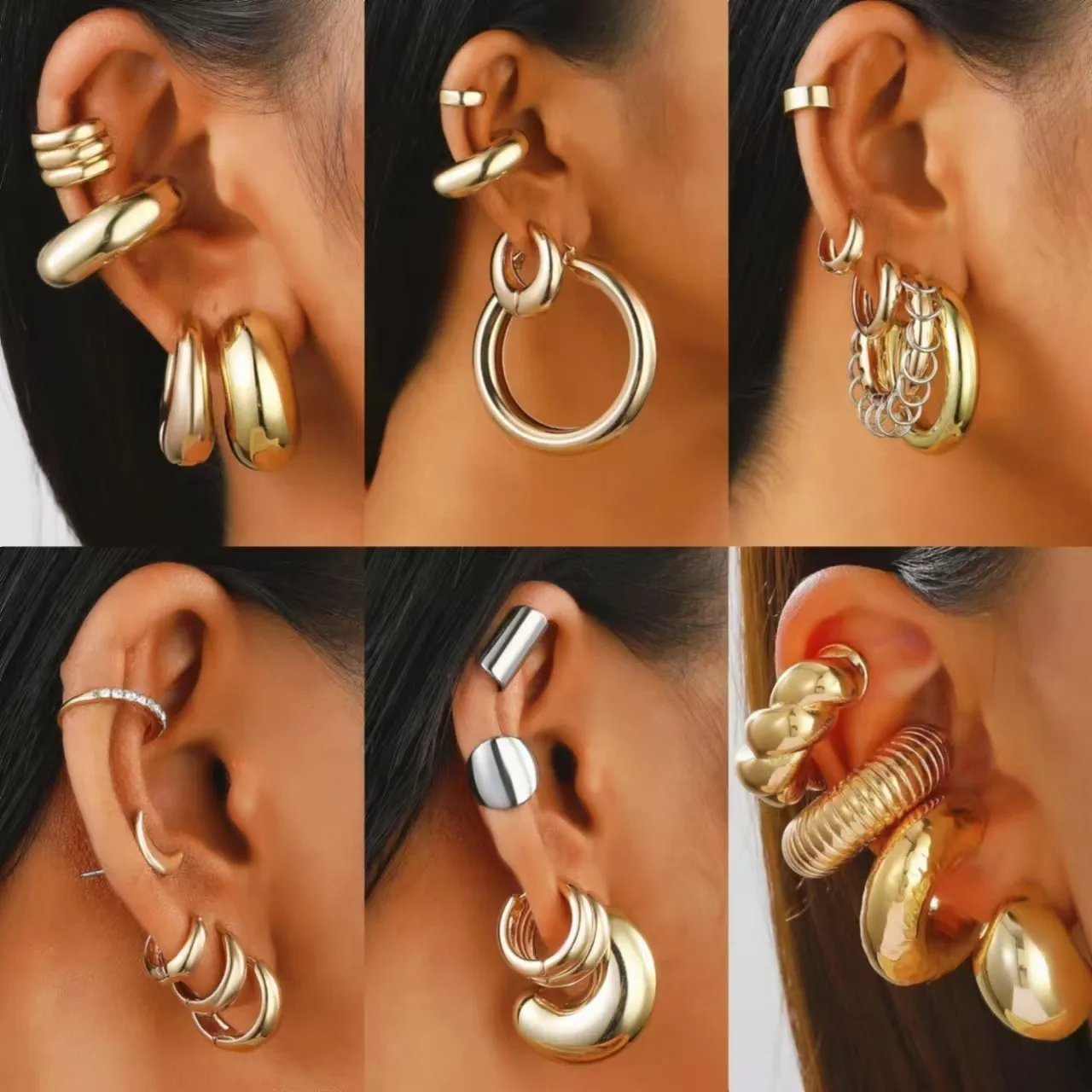 Exaggerated Gold Color Earrings Ear Clip Set For Women Metal Earing Jewelry 2024 Trending Women's Clip Earrings  Without Hole