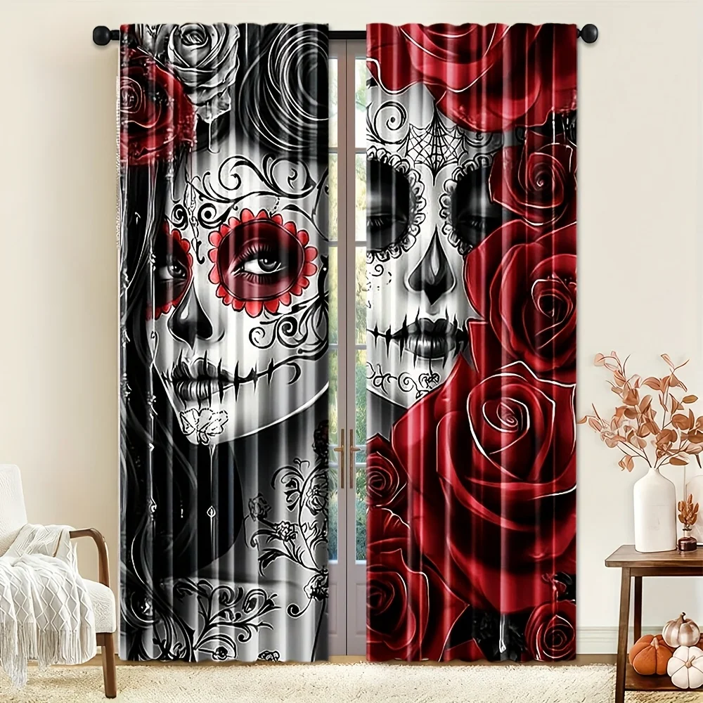 Gothic Skull and Roses Curtain Pair Dia de Muertos Mexican Art Living Room Window Drapery Panels House Decor Accent Curtain Wall