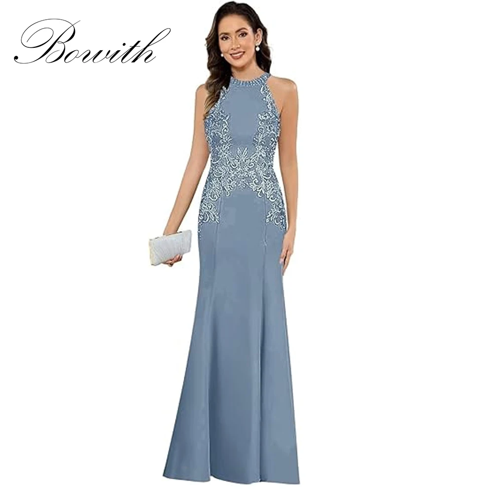 

Bowith Customized Lace Applique Mother of The Bride Dresses for Women Mermaid Halter Long Formal Wedding Guest Dress