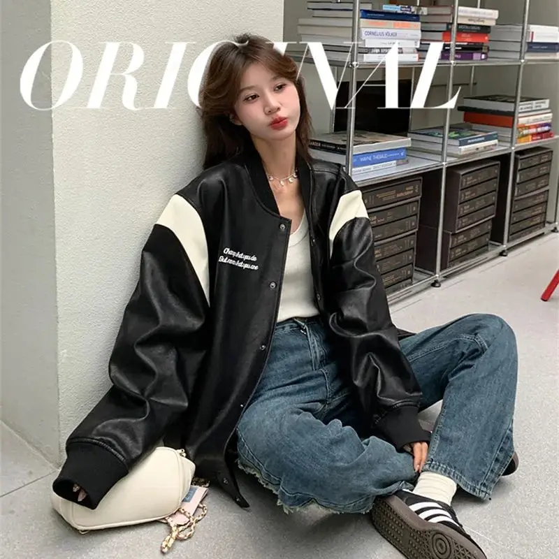 Black Design Feeling Baseball Coat for Women Medium Length 2024 Autumn New Loose Korean Version Popular Leather Jacket this Year