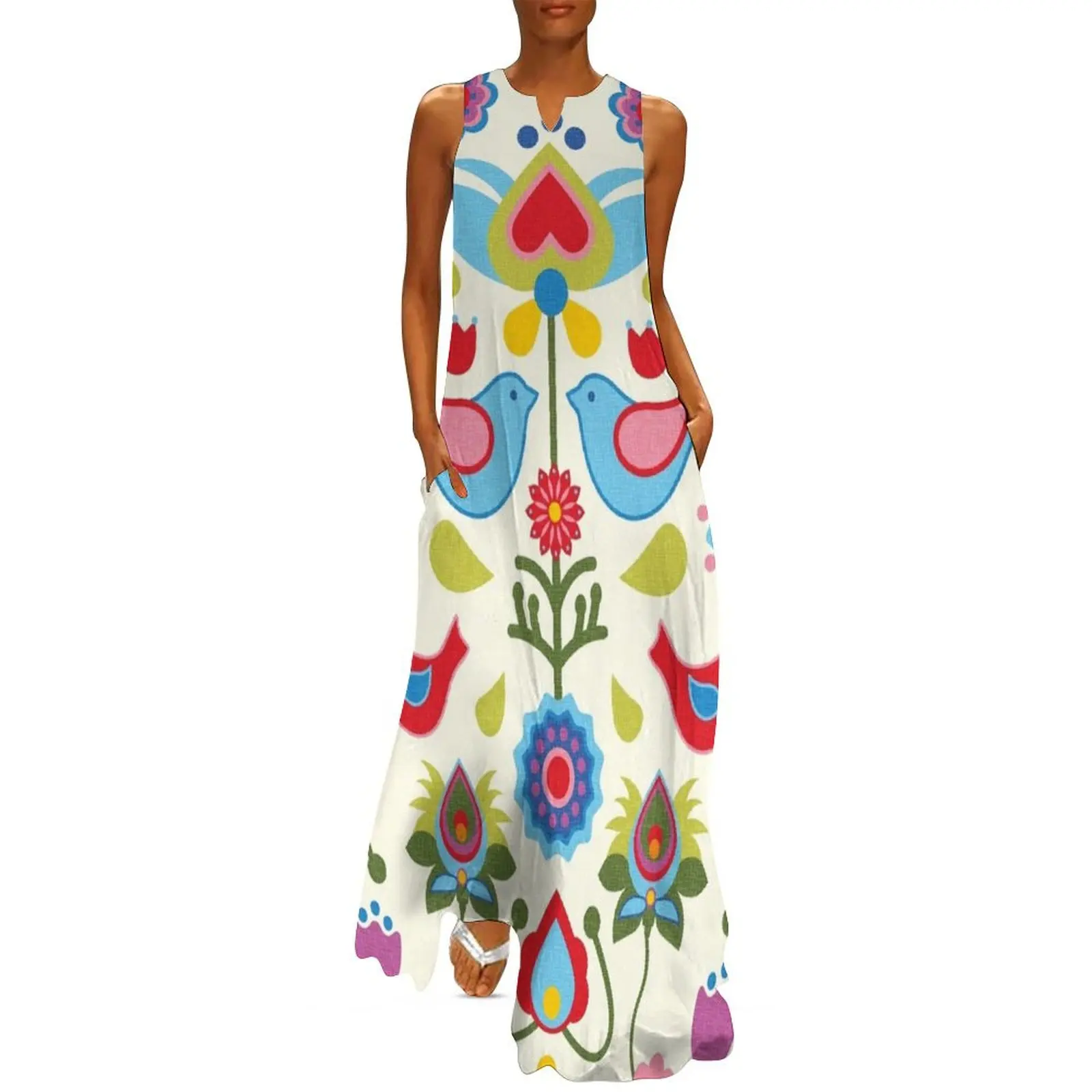 

Scandinavian folk art birds and blooms Long Dress beach dress elegant dress