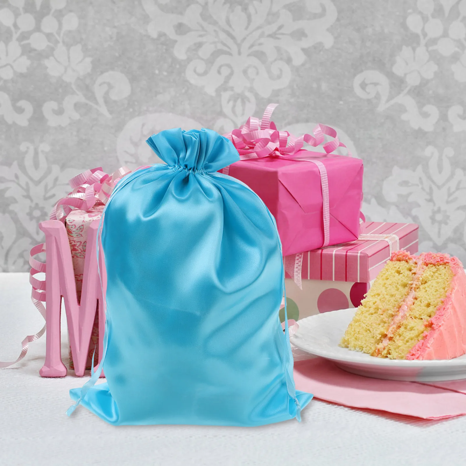 Bolsas duraderas de satén con cordón, bolsas pequeñas de color rosa claro y azul para accesorios de joyería, recuerdos de boda, dulces festivos, fiesta, 2 uds.