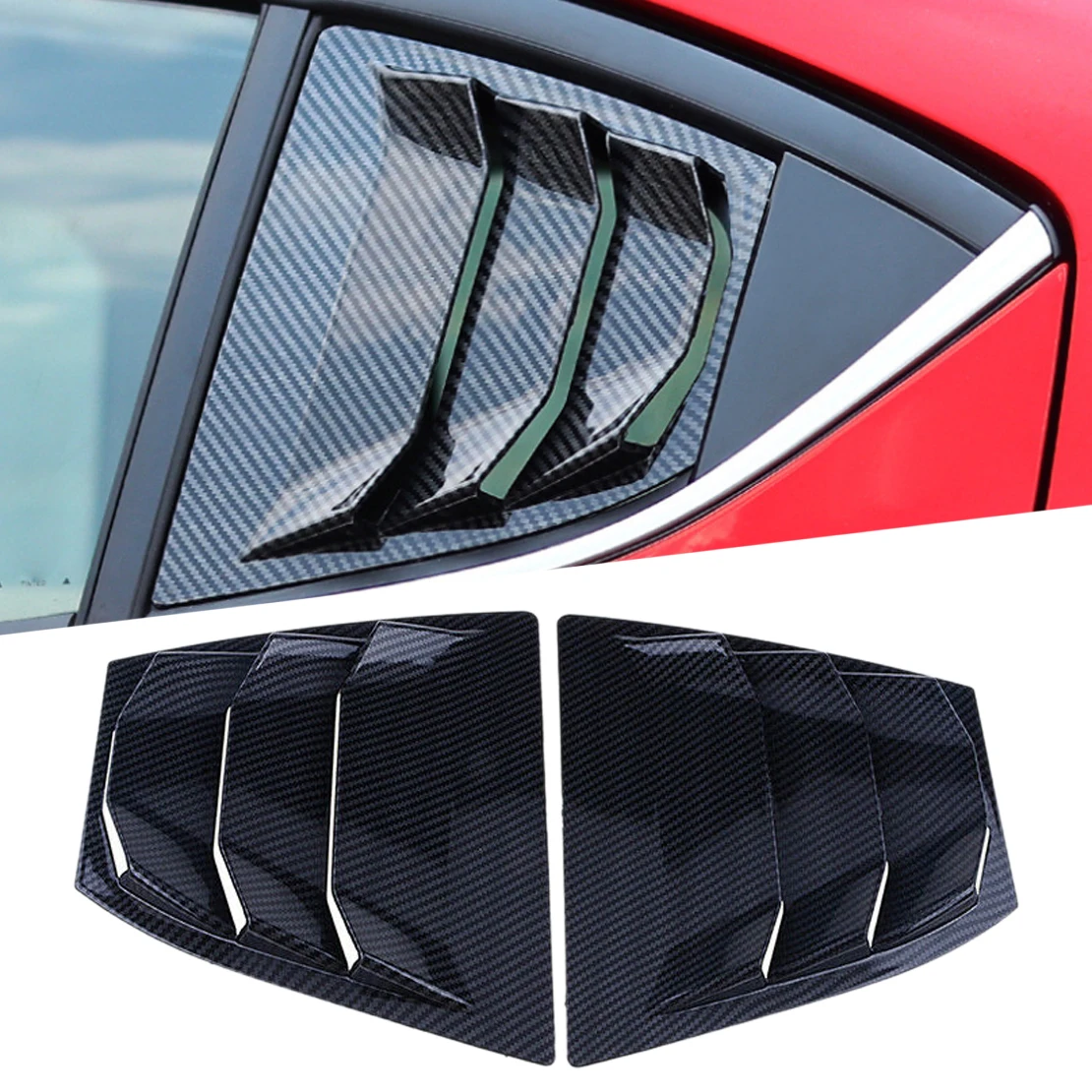 Фото 2 шт. черные накладки на задние боковые окна с текстурой карбона из ABS-пластика, подходят для Mazda 3 Axela 2014-2018