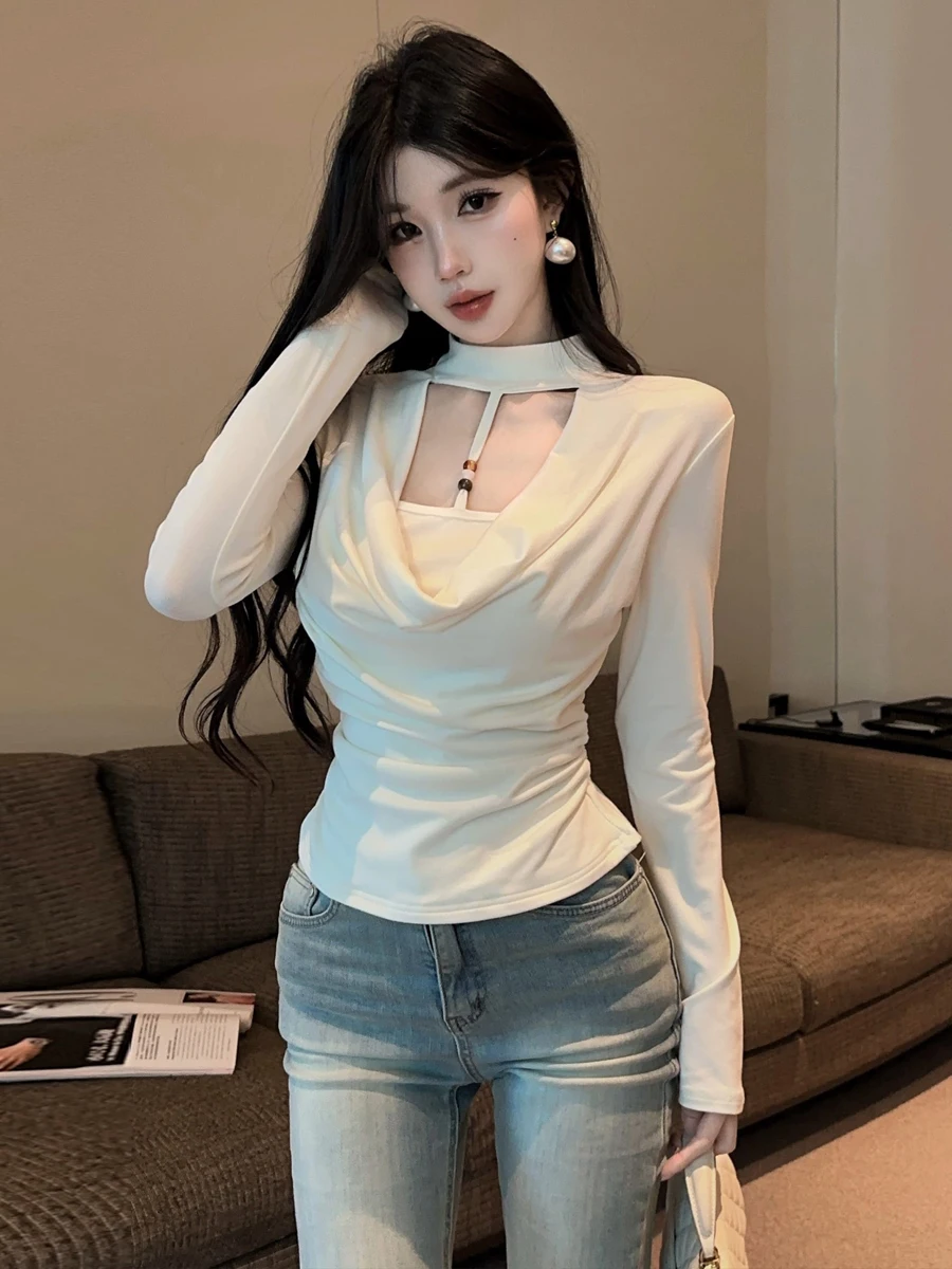 Autumn Winter Design Sense Gathered Collar Pleated Elegance Fake Two-Piece Long Sleeve Waist-Cinching T-Shirt Base Layer Pure...