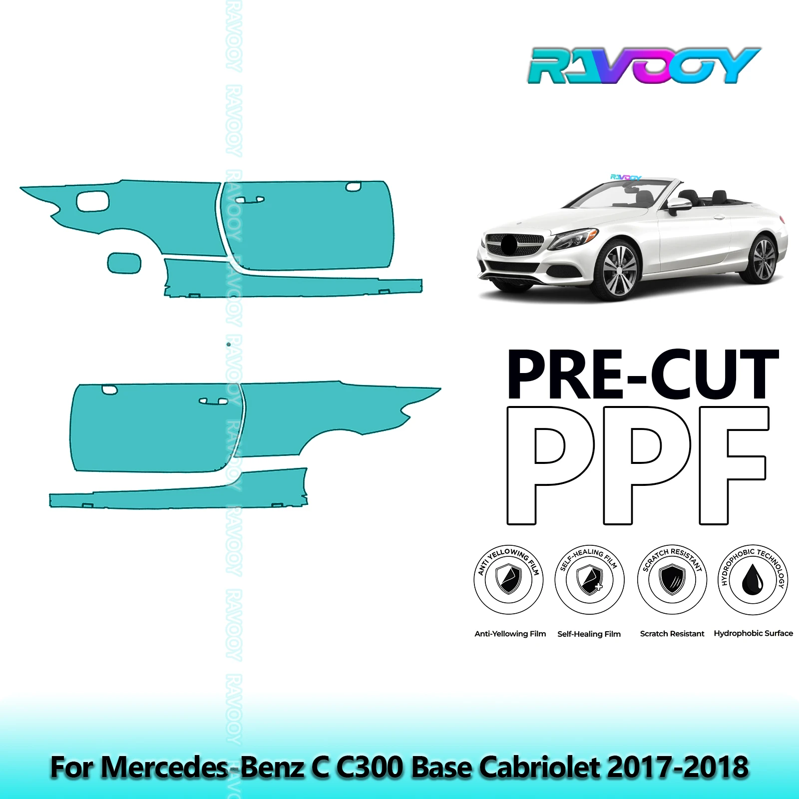 

For Mercedes-Benz C C300 Base Cabriolet 2017-2018 8.5mil Pre-Cut PPF Door & A/B Pillar Kit TPU Paint Protection Film Set