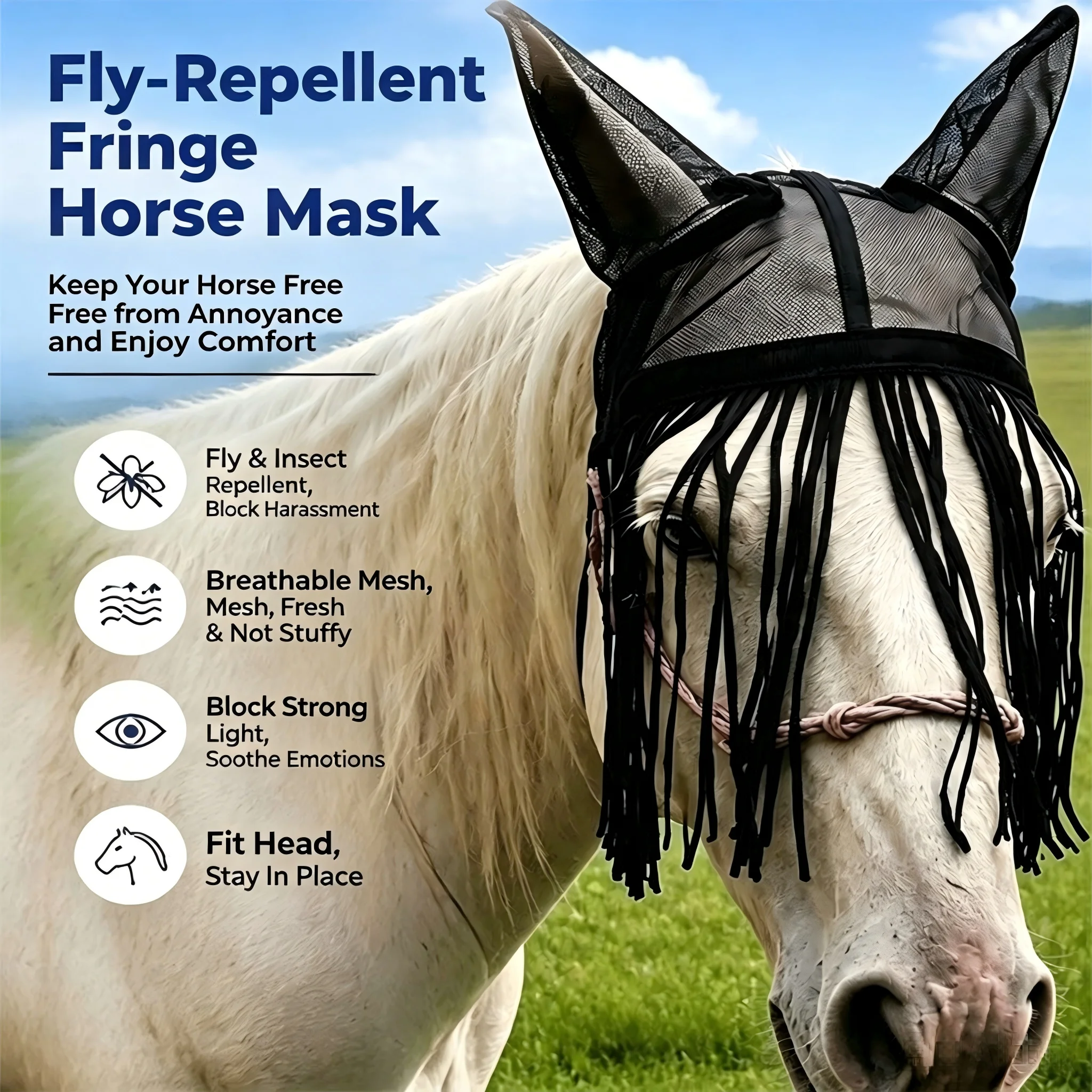 Horse Fly Mask with Tassels Breathable Mesh Anti Insect UV Protection Ear Hood for Summer Riding Equestrian