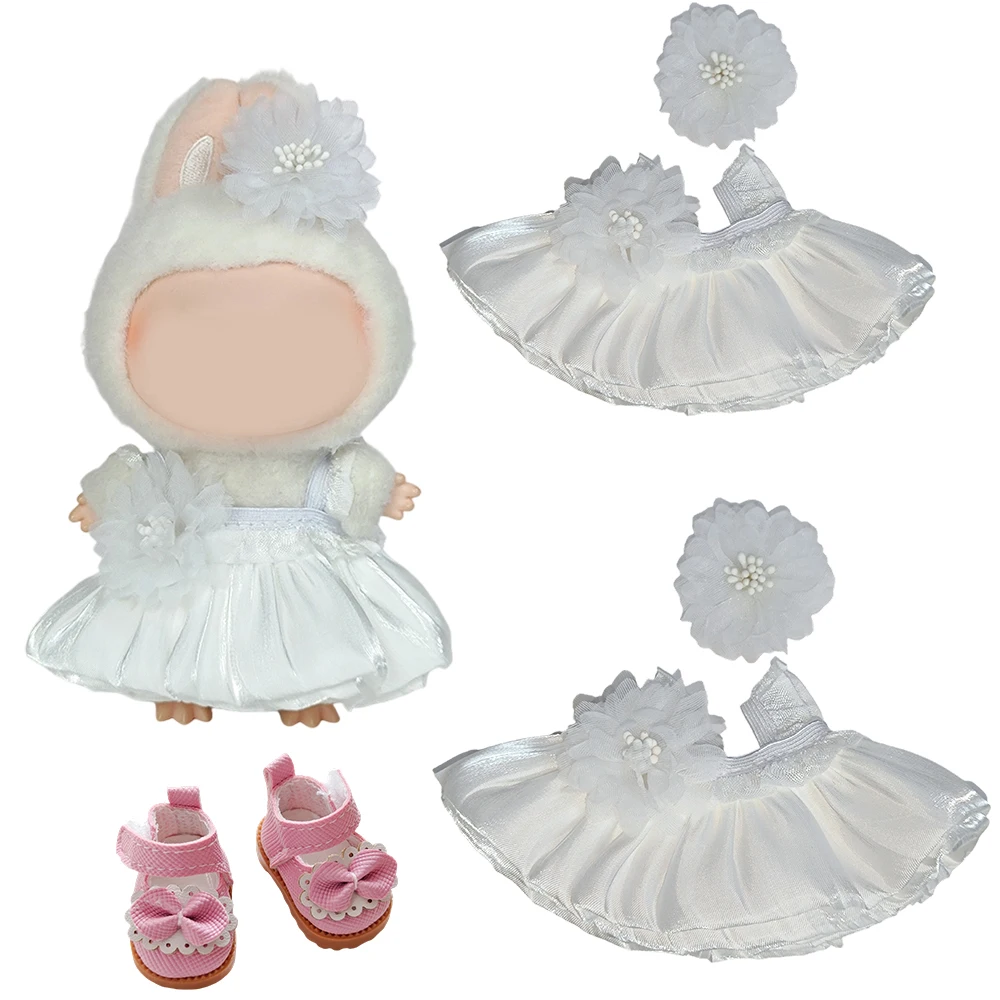 

Labubu Doll White Bunny Outfit Set Floral Headpiece Embellished Dress Plush Toy Cosplay Costume