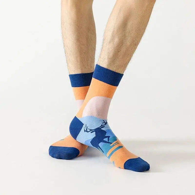 5pair Men’s Streetwear Crew Cotton Socks Trendy Animal Cartoon Cotton Mid Calf Tube Stylish Colorful Spring Summer Casual Sock