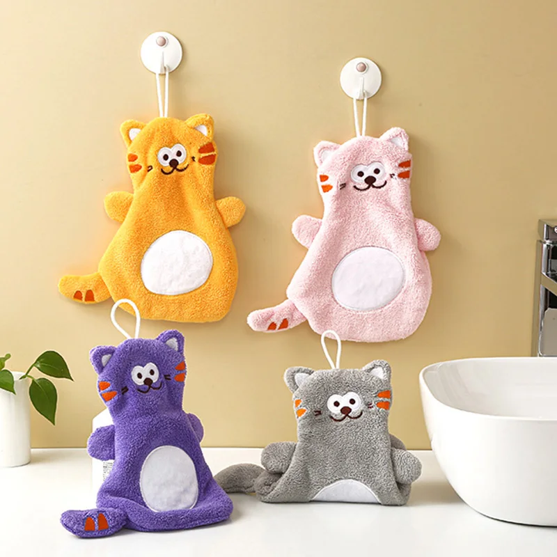 

Hangable Coral Velvet Hand Towel Cartoon Cat Embroidery Towel Children Cute Animal Quick Dry Towel Kitchen Bathroom Supply
