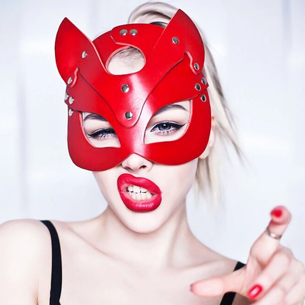 Red PU Leather Mask Half Eyes Fox Cosplay Face Cat Halloween Mask Party Adult Game Bdsm Women Man Cosplay Sex Toys Face