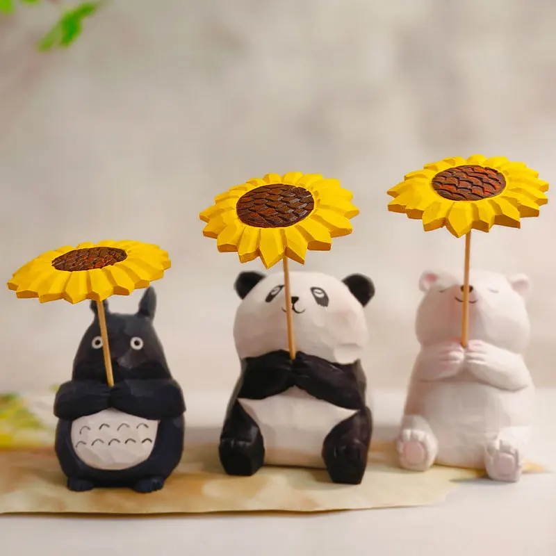 Handmade Wood Carving Cartoon Animal With Sunflower Figurines Cute Cat Frogs Dog Panda Bear Shaped Sculptures Decorative Statues