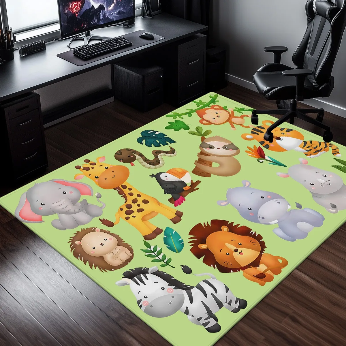 Cute Jungle Animal Print Crystal Velvet Rug for Kids Room Play Area Soft Non Slip Floor Mat Baby Safety Carpet Nursery Decor