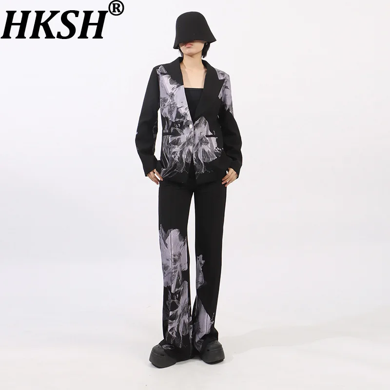 HKSH Women Elegant Two-piece Set Printed Single Button Blazer Jacket Straight Pants High-end Chic Suit New Spring Autumn HK20674