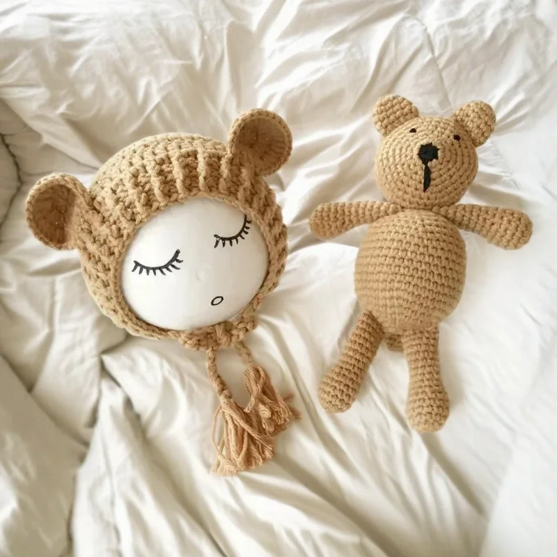 Newborn Boy Girl Cap Bear Doll Set Newborn Photography Props Posing Doll Baby Photoshoot Props Backdrop Handmade Cartoon Costume