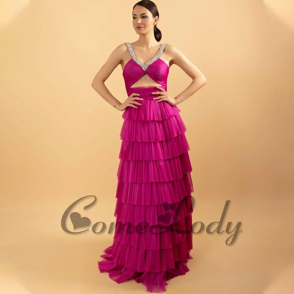 

Comelody Glamorous V Neck Evening Dresses Women Sleeveless Crystals Cut Out Tiered Pleat Vestidos de Graduación Made To Order