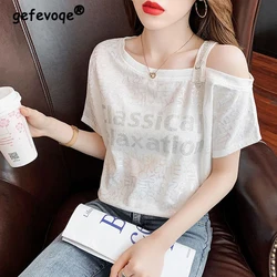 Women's Clothing Rhinestone Letter Sexy Off Shoulder Streetwear T-shirts Summer Korean Style Chic Sweet Short Sleeve Loose Tops