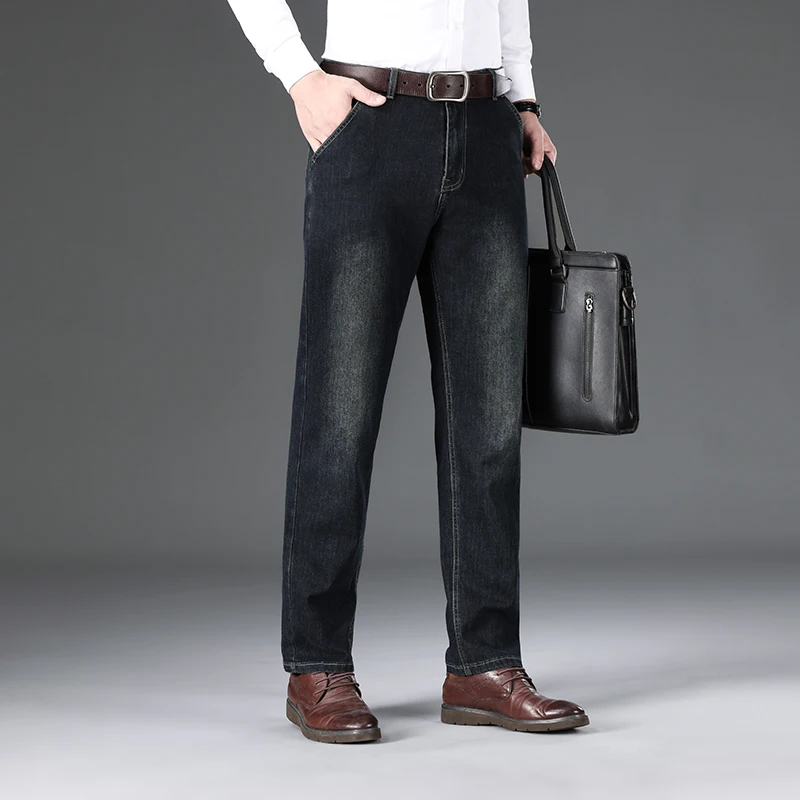 Business Jeans Men's 2024 New Loose Straight Stretch Nostalgic Classic Simple Middle-Aged Leisure Trousers