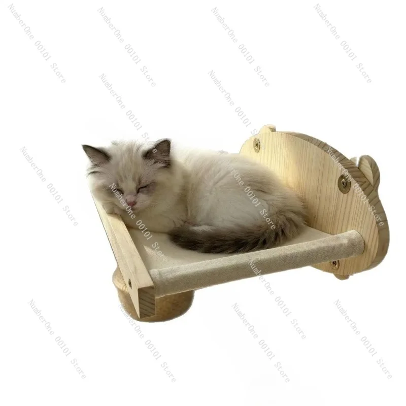 Wall Mounted Solid Wood Cat Hammock Hanging Cage Bed Wooden Floating Cat Nest Perforated Installation Pet Rest Shelf Suspended