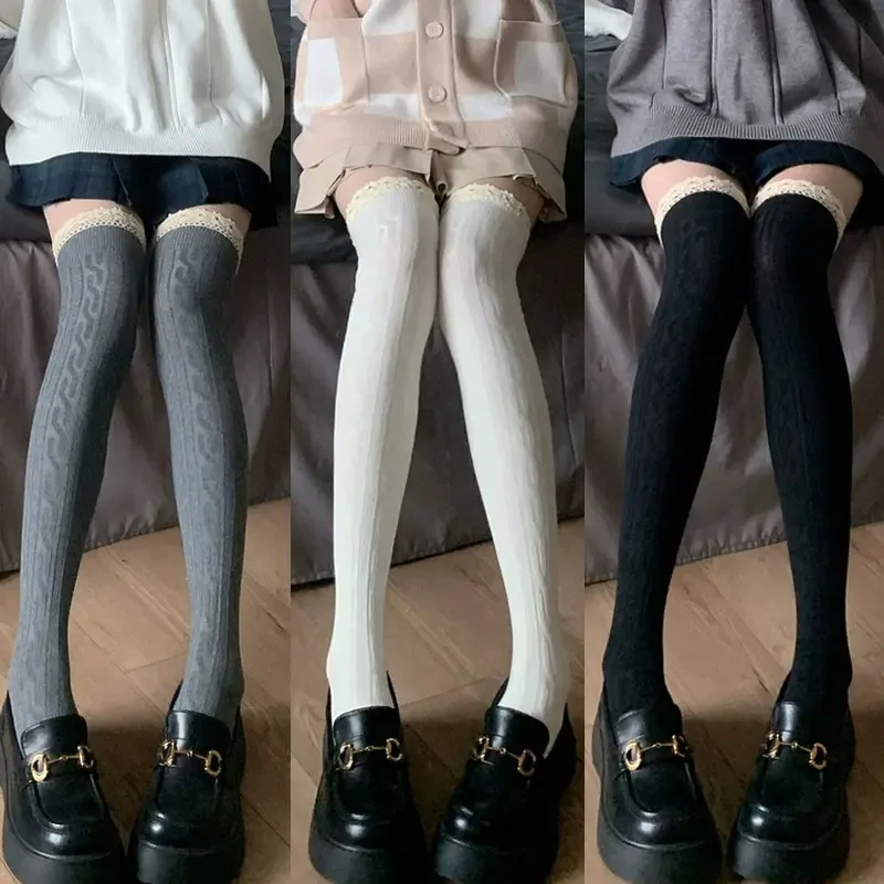 Lolita Lace Up Long Knee Socks for Women Over Knee Thigh High Stockings Spring Autumn Fashion Girls Warm Sexy Cotton JK Tights