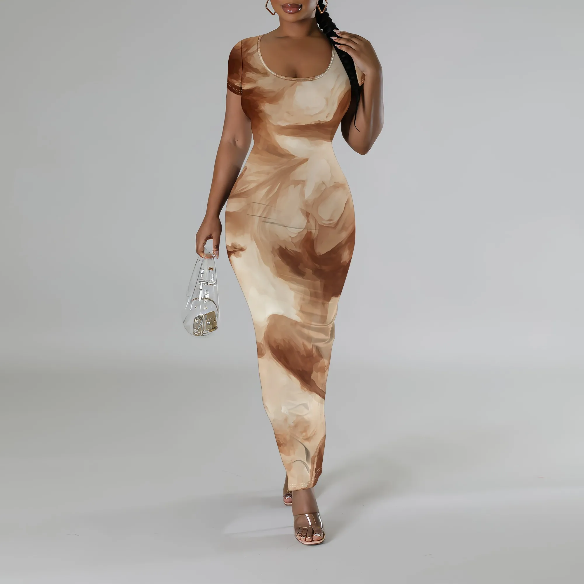

Women's Fall Bodycon Maxi Dress Short Sleeve Abstract Marble Print Long Dresses for Going Out Clubwear Plus Size XS-3XL