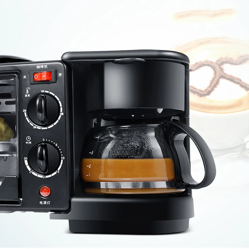 3-in-1 Breakfast Machine Electric Glass Household Appliances Drip Coffee Maker French Operated Oven for Barbecue and Baking