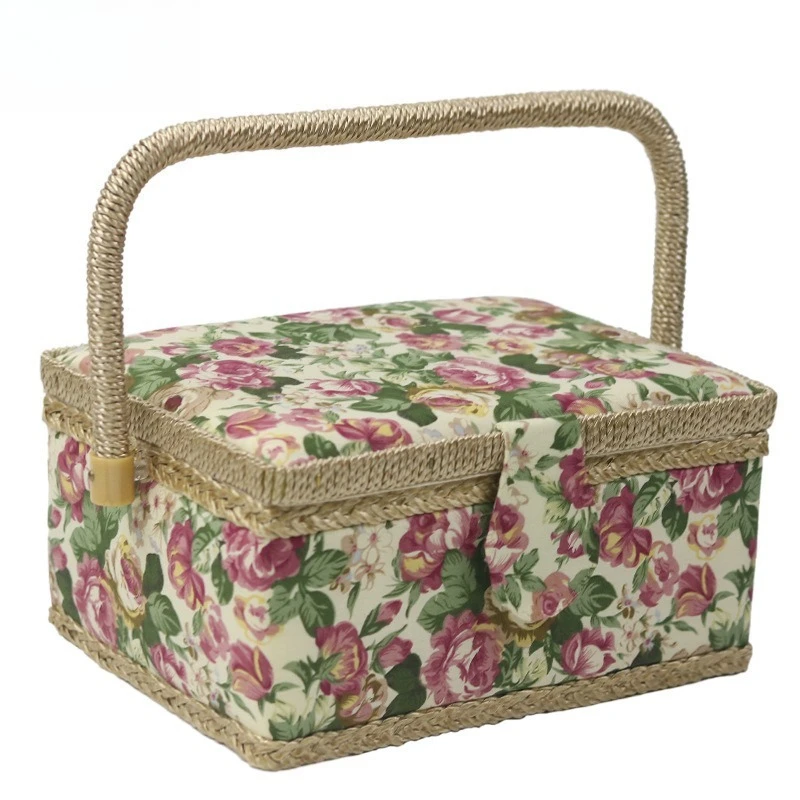 Large Rectangular Rose Woven Sewing Basket Household Needle Thread Crochet Tool Storage Basket
