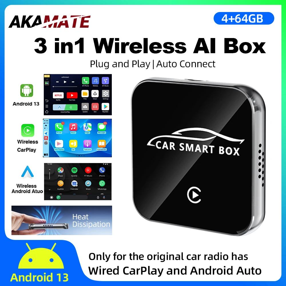 3IN1 Wireless CarPlay Android Auto Support Netflix YouTube Videos Wireless Bluetooth Plug and Play Adapter AI Box Android 13