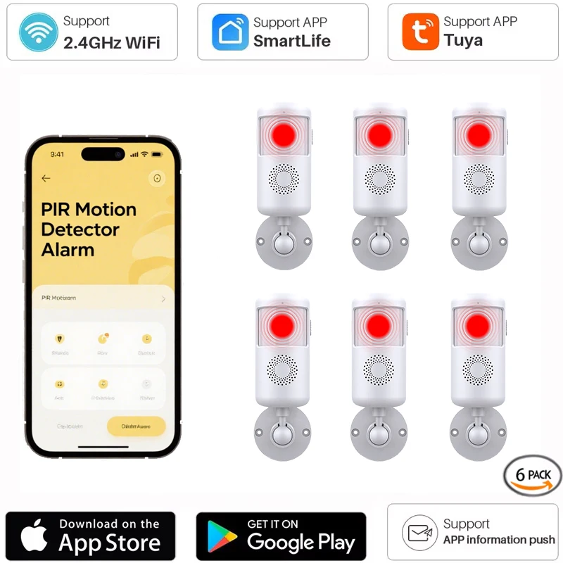 

6pcs Infrared Sensing Detector, PIR Motion Sensor, Tuya, WIFI Smart Home Anti-theft Alarm, Mobile APP Remote Viewing 4Pcs