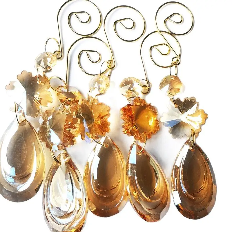 5PC Champagne K9 Crystal Tear Drop Pendants (Octagon And Snow Bead With 50mm Drop) By Gold Spiral Hooks Christmas Tree Hanging