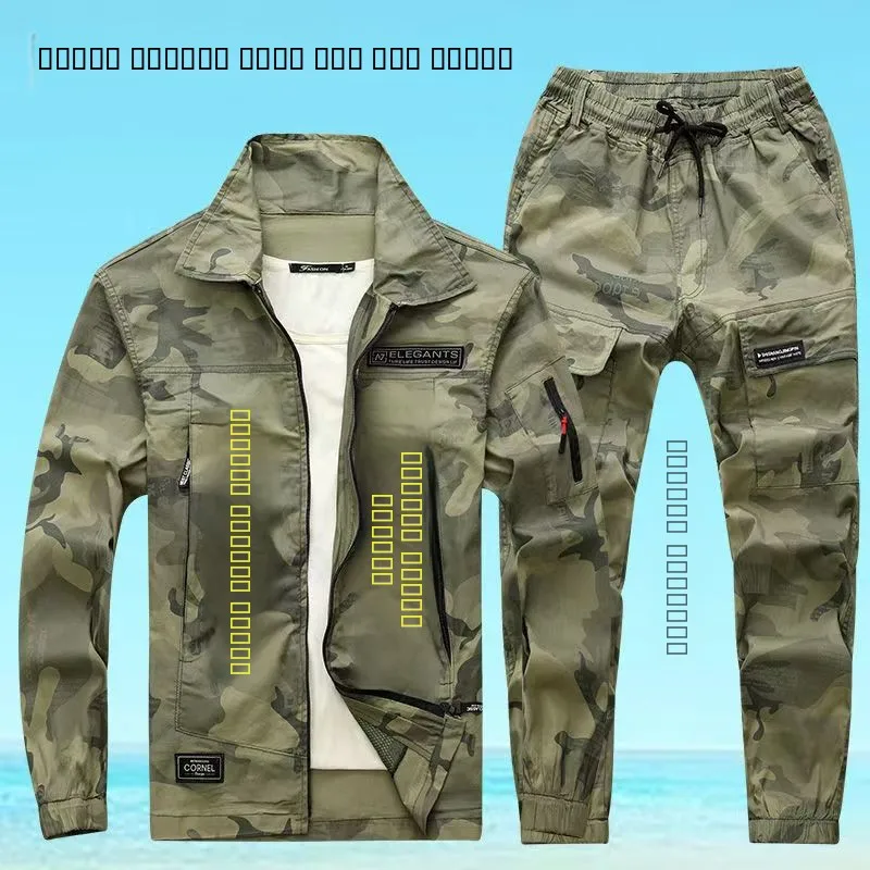 純綿春夏作業服セットメンズ弾性労働保護迷彩スーツ自動車修理溶接耐性…