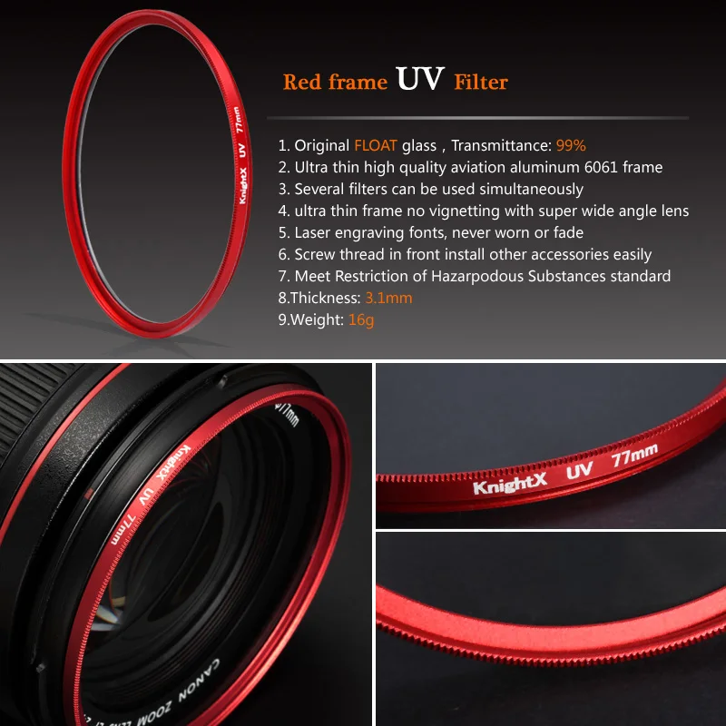 Lente de filtro UV KnightX para lentes de cámara Nikon d5300 49mm 52mm 55mm 58mm 62mm 67mm 77mm